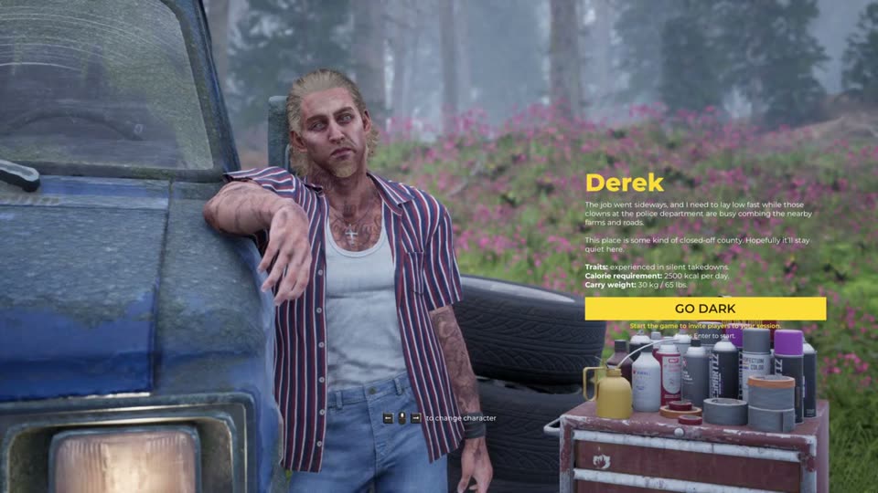 Derek on the character select screen, 2500 kcal per day and 30 kg carry weight