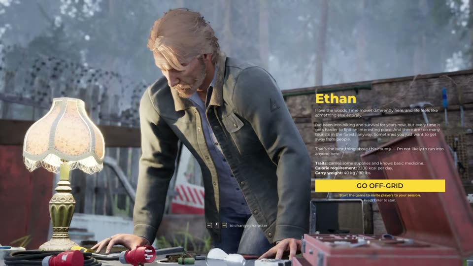 Ethan on the character select screen with his traits, 2200 kcal per day and 40 kg carry weight