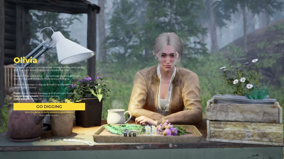 Olivia on the character select screen, 1500 kcal per day and 20 kg carry weight