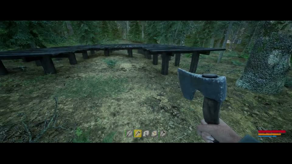 Several wooden foundations snapped together in the forest