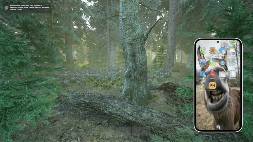Phone home screen with the hint that story objectives are tracked in Reminders, and the first objective to find an axe in the motel