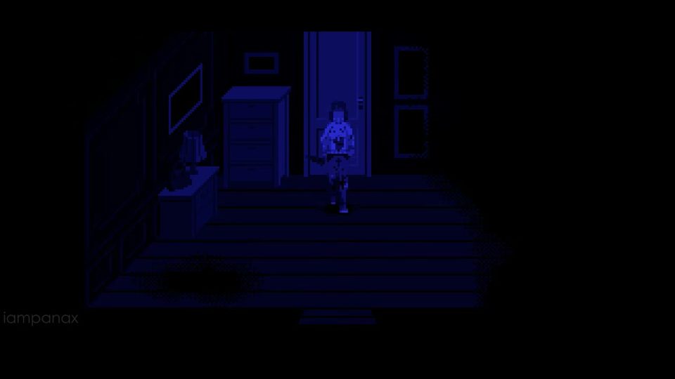 Julia in a dark blue hallway near the end of the game