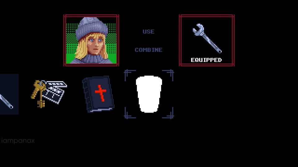 Inventory screen with the Wrench equipped and the glass of chemical and blood selected