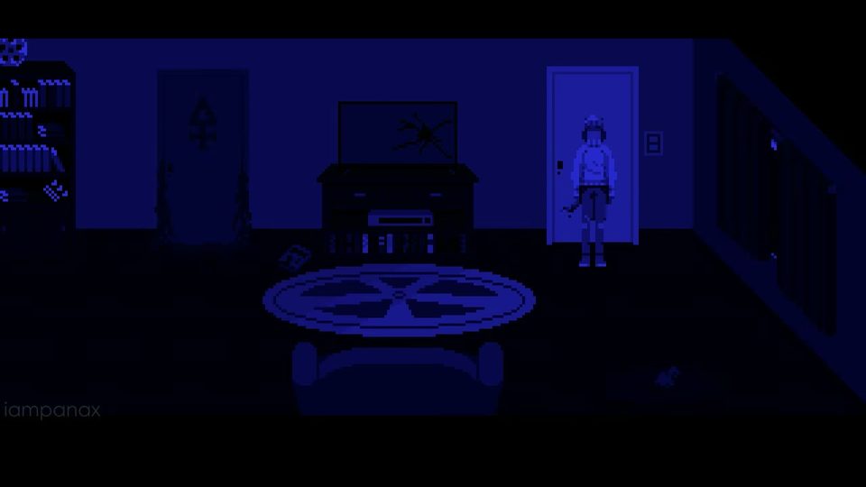 Julia standing in front of the sealed study door in the dark apartment