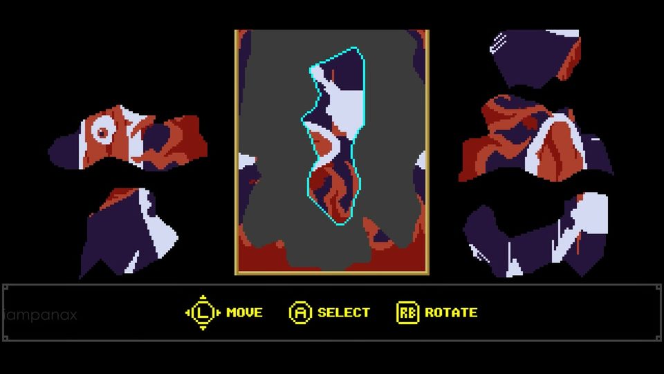 Jigsaw screen with the torn DEVORA poster in the middle, one piece being placed and the remaining pieces laid out on both sides, with move, select and rotate prompts