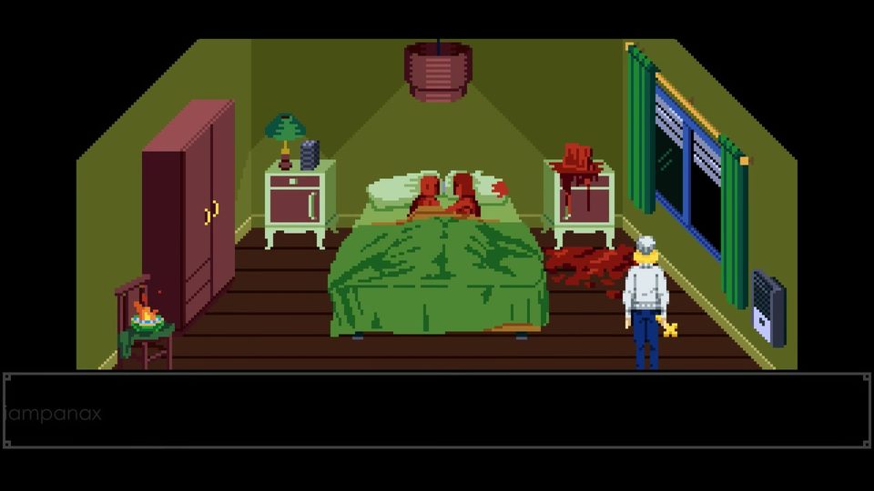 Julia standing by the window of the 2nd-floor bedroom, next to a blood-stained bed and a small candle on a chair