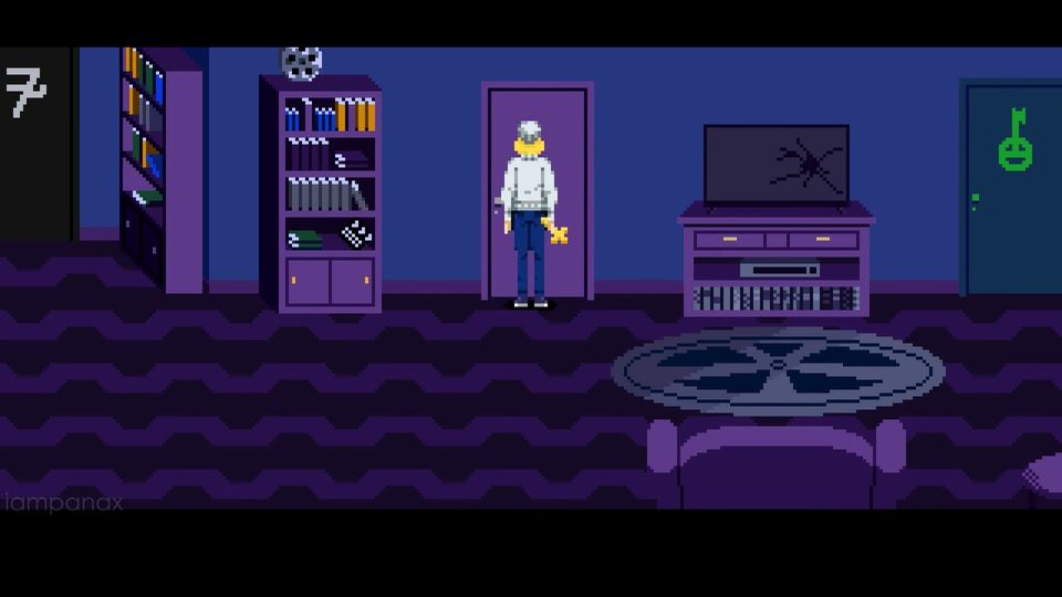 Julia standing in the purple doorway of Iván's apartment, next to bookshelves and a TV with a cracked screen