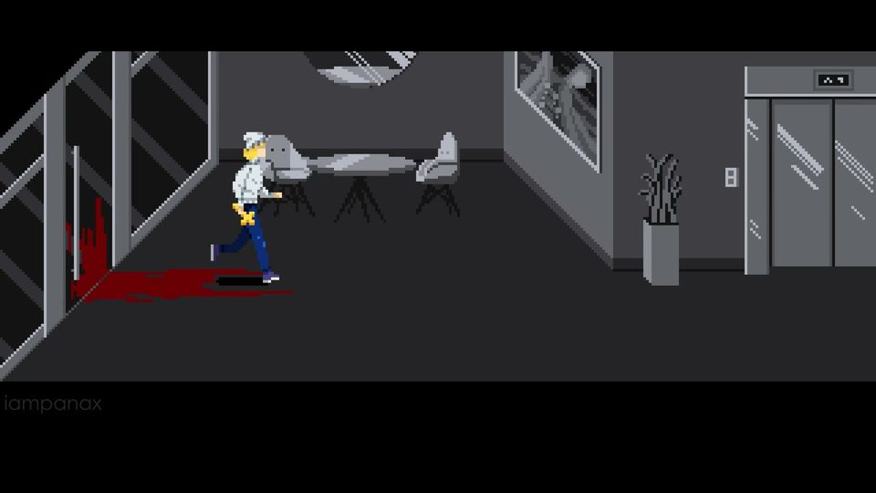 A grey, colorless lobby with a pool of blood by the glass wall and the elevator doors on the right