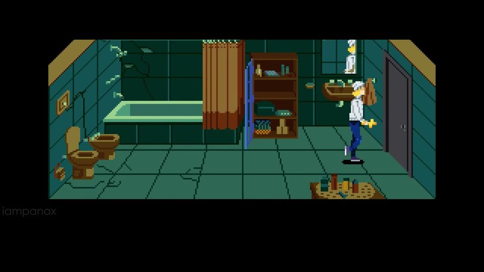 Green-tiled apartment bathroom with a bathtub, toilets and a shelf unit whose blue door stands open; Julia walks by the sink