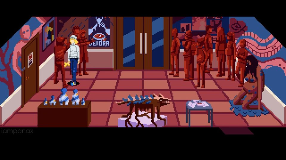 Theater lobby with red statues, a DEVORA poster above the double doors and a creature sculpture in the middle of the floor