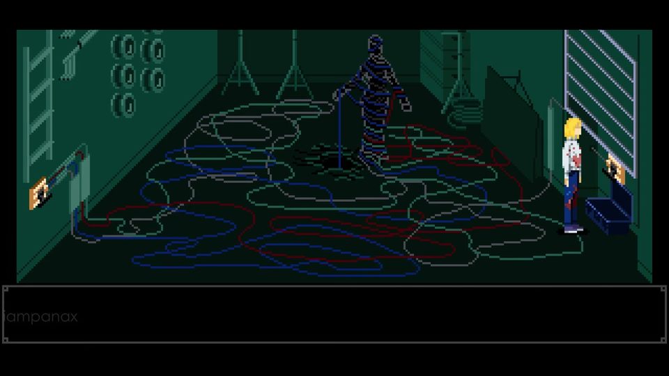 Dark green room full of tangled red, blue and grey cables on the floor, with a cable-wrapped figure in the middle and Julia standing by the right wall