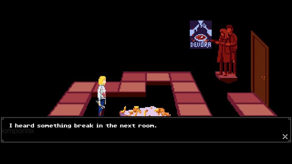 Black room with a walkway of reddish floor tiles, a red statue of figures on a wall shelf beside a door, and the smashed statue's pieces on the floor near Julia