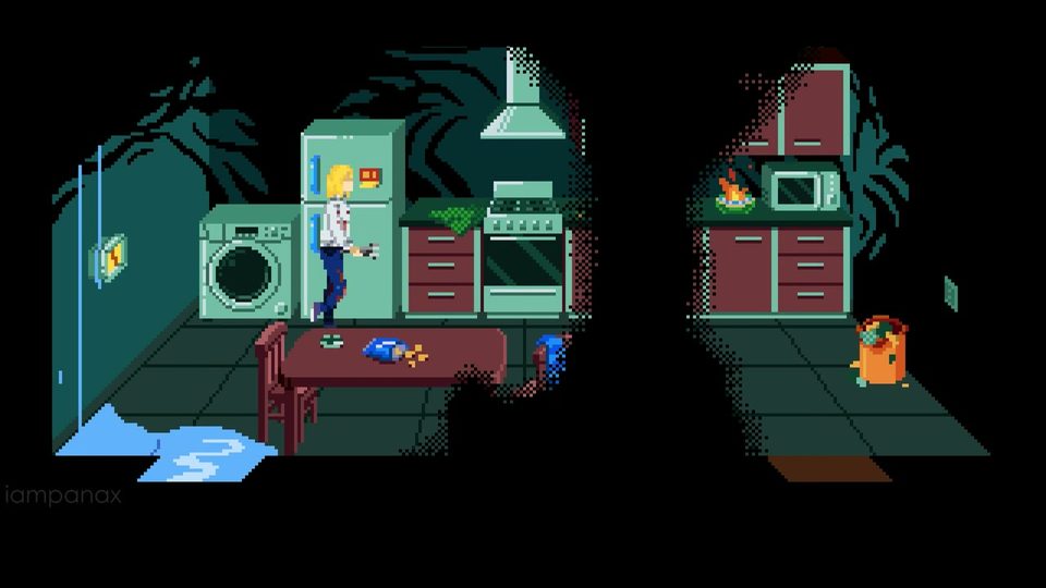 Dimly lit kitchen with a washing machine, fridge and stove, a small fire on the counter and a blue object on the table, with Julia standing by the fridge