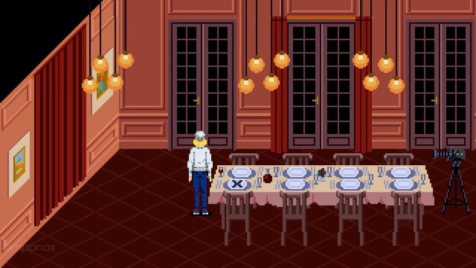 Julia in the 1st-floor dining room with the long table set for dinner